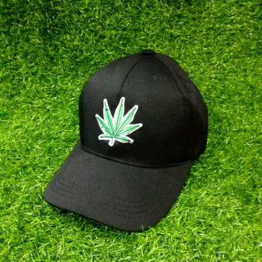 baseball cap with a leaf on it.