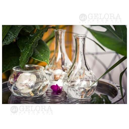 a glass vase with flowers in it and a plant in it.