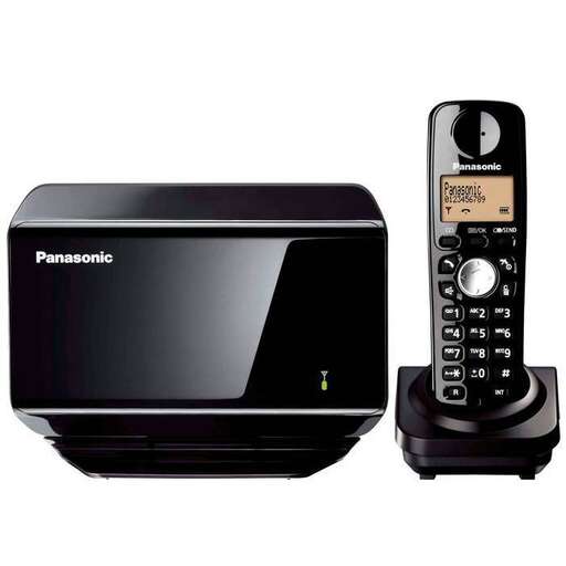 a black microwave with a phone and a black case.