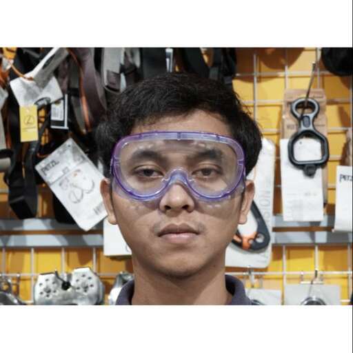 a man wearing a purple goggles and a purple mask.