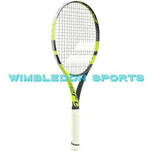 a tennis racket with a blue logo on it.