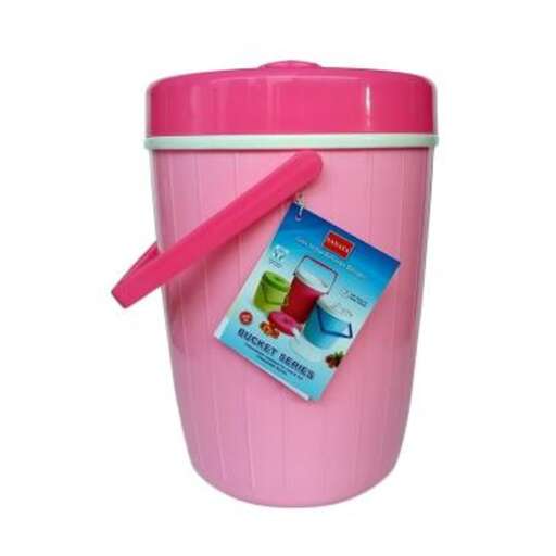 a pink plastic cup with a picture of a landscape in it.