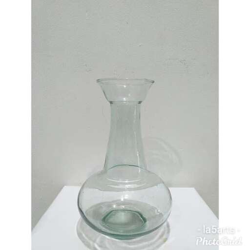 a glass vase with a green stem in it.