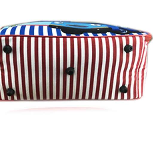a striped bag with handles and buttons.