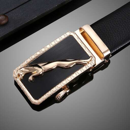 a leather pocket watch with a gold buckle and a black leather strap.