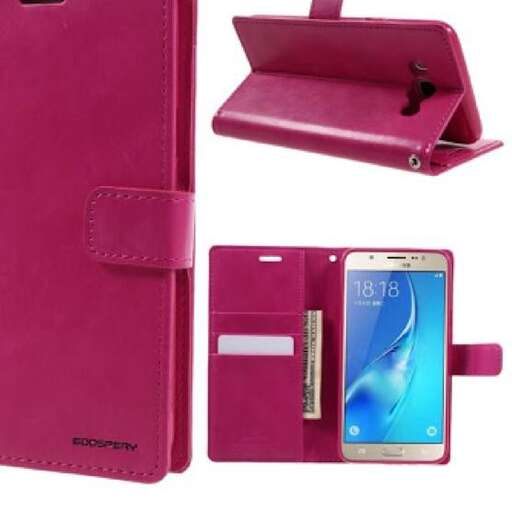 a pink leather wallet with a strap.