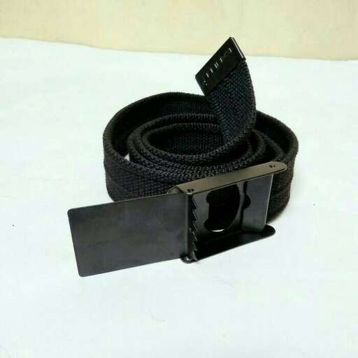 a black leather belt with a wide buckle.