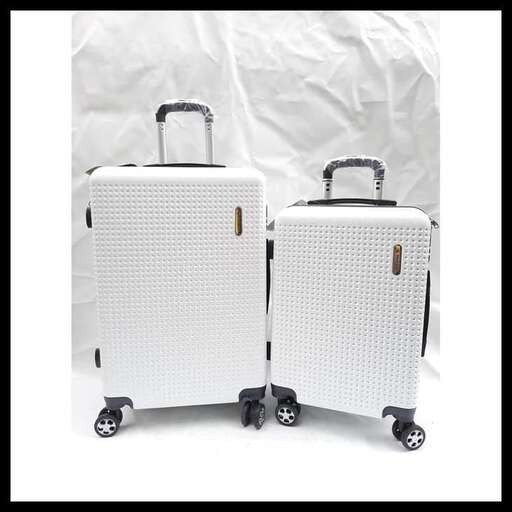 a pair of suitcases with wheels on wheels.