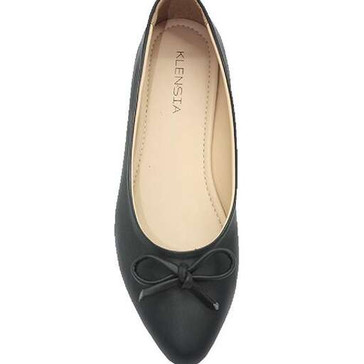 a pair of black shoes with a bow