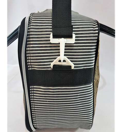 a black and white striped bag with a white stripe and a zipper.