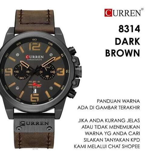 a watch with a black face and brown leather strap.