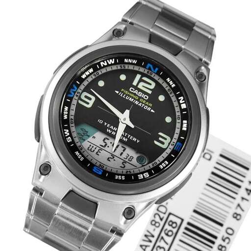 the watch is made of stainless steel and has a black dial and a white dial.