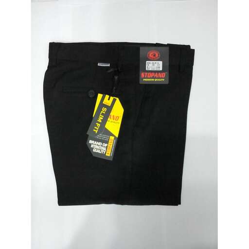 black mens black men's pants with a yellow tag on the front.