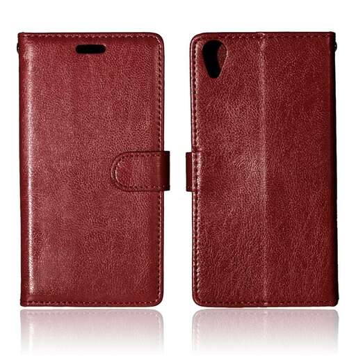 a red leather cell phone case with a black case.