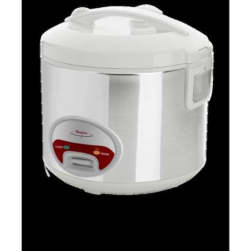 a white crock pot with a red handle