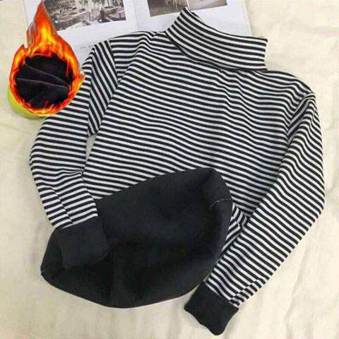 a black and white striped sweater and a pair of black gloves