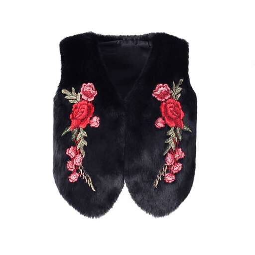 black wool scarf with roses on the neckline