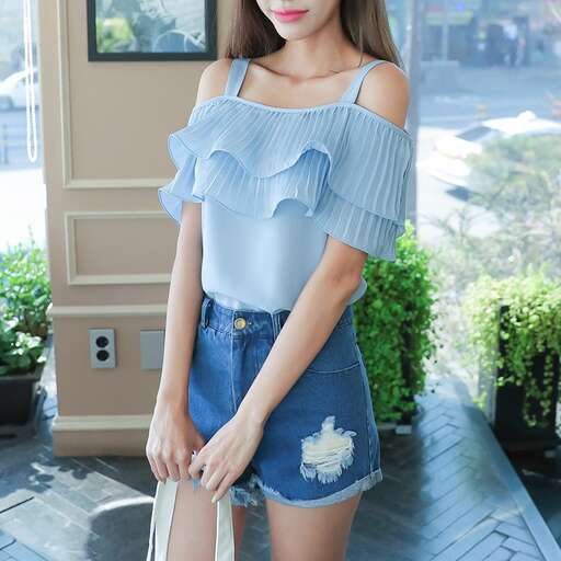 off the shoulder top with denim shorts