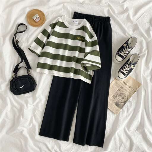 a fashion look featuring long pants, black pants and a striped t - shirt.