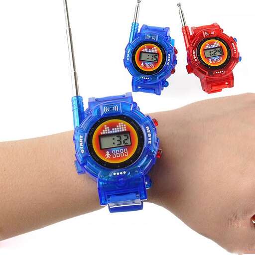 a blue watch with a red face and blue dial.