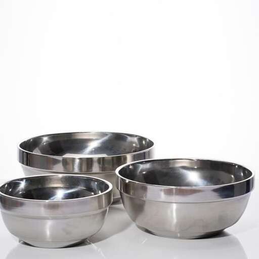 a set of silver bowls on a white background.