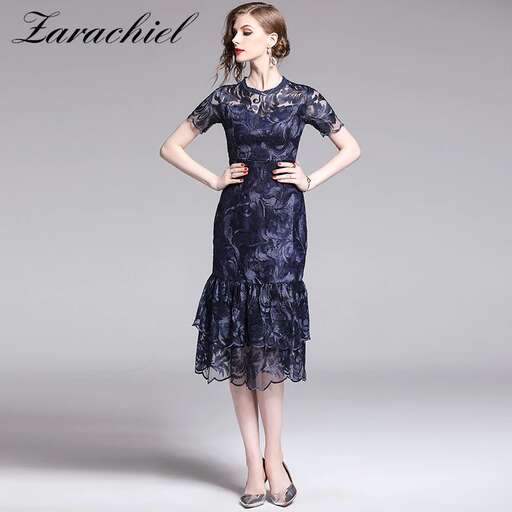 navy blue lace dress with a lace trim.
