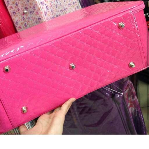 a person holding a pink purse in a pink case.