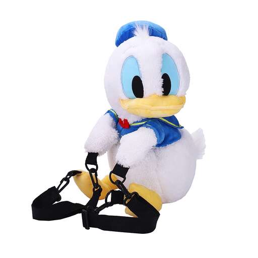 a stuffed toy duck with a blue jacket and black boots.