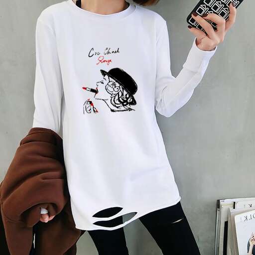 a long sleeved tee with a graphic print on the front.