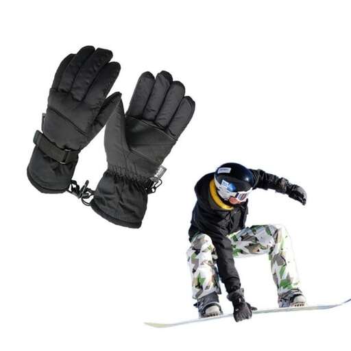 a snowboarder is going down a hill with gloves.