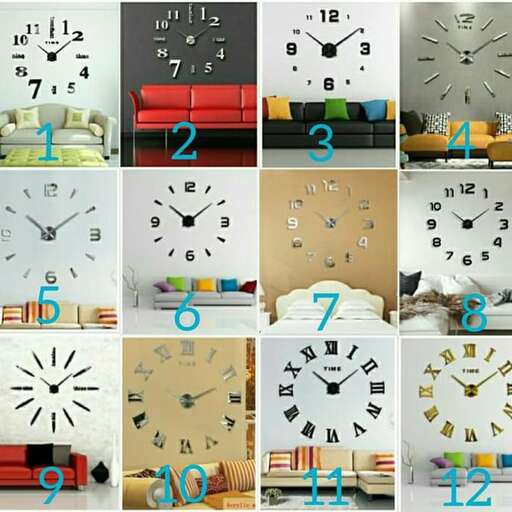 a collage of pictures of a room with a couch and a clock.