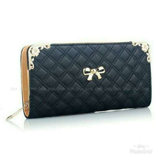 this is a small black leather wallet with gold embroidery.