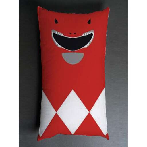 person is a red and white cushion with a geometric design.