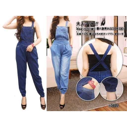 a fashion look featuring blue overalls and a belt.