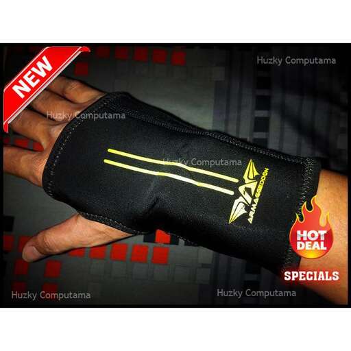 a black glove with a red logo