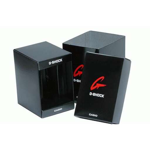 a black box with a red logo on it.