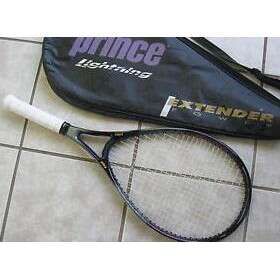 a tennis racket with a white handle on the floor.
