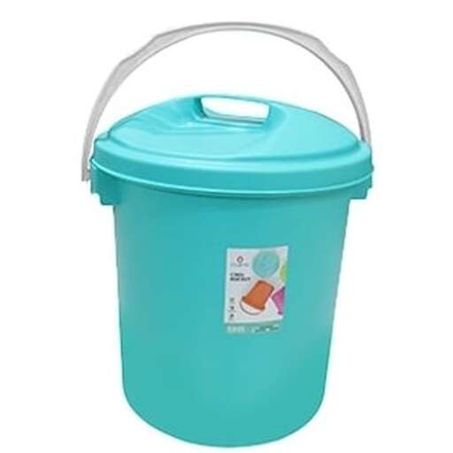 a blue plastic container with a handle on top.