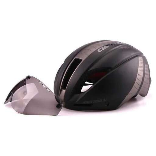 a helmet with a visor and sunglasses on a white background.