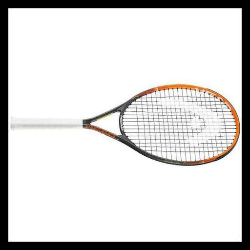 a tennis racket with a tennis ball in the air.