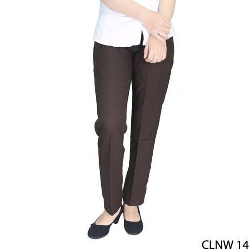 a woman wearing brown pants and a white shirt.