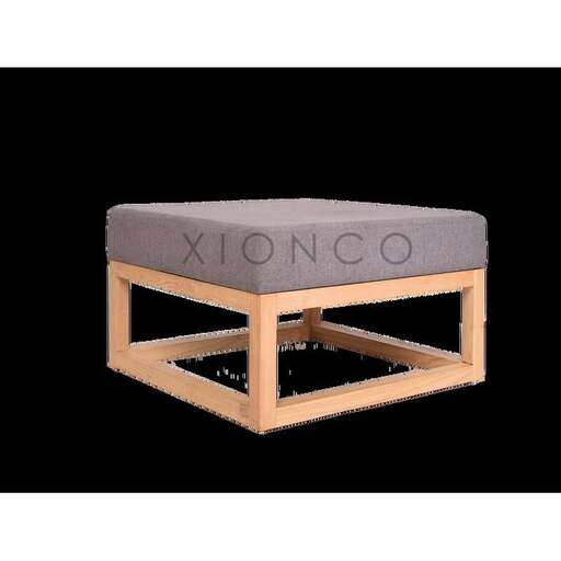 a modern ottoman made of wood and metal.