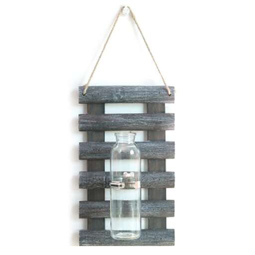hanging light with glass and wood frame.