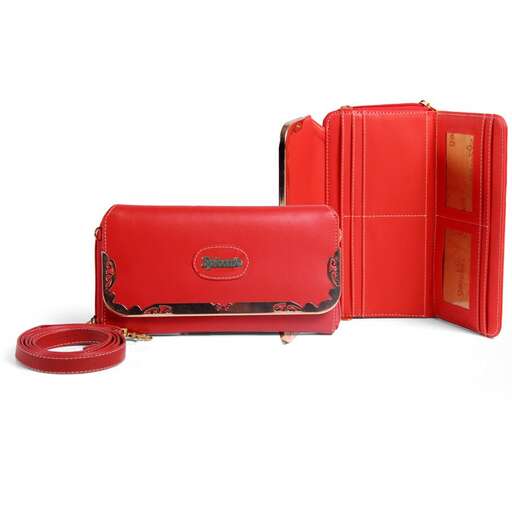 a red leather bag with a handle.