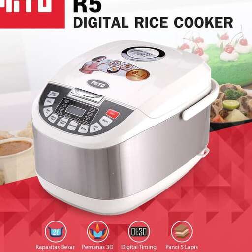 a food processor with a digital recipe on the side.