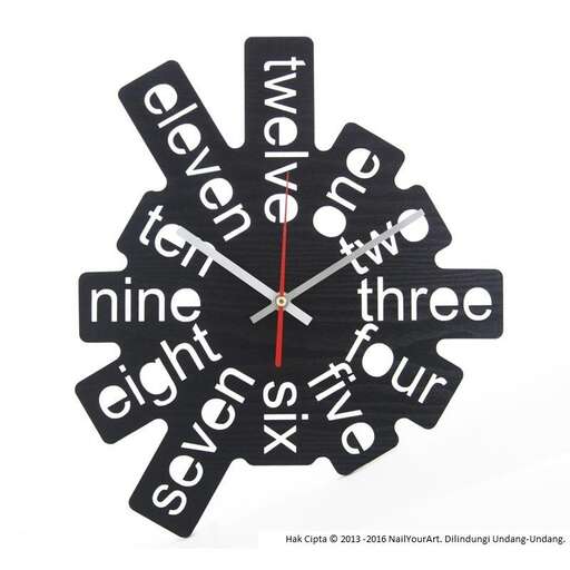 a clock made of wood with the words, numbers and words.