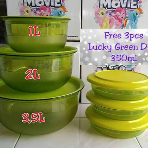 a stack of green bowls with a price tag.