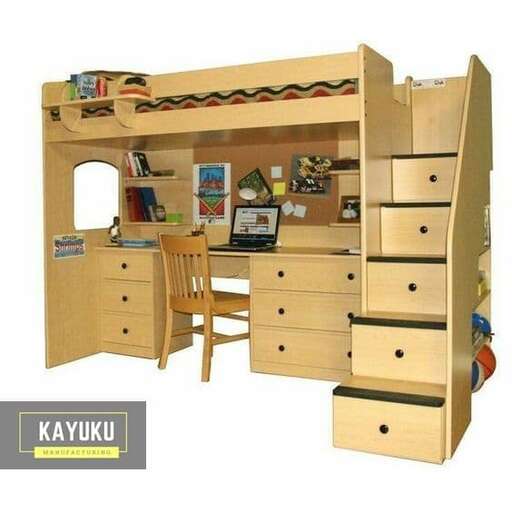 a bed with a desk and a chair.