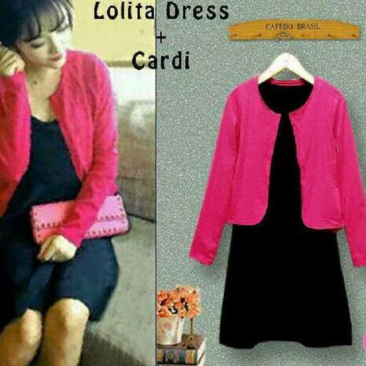 a black dress with a pink jacket