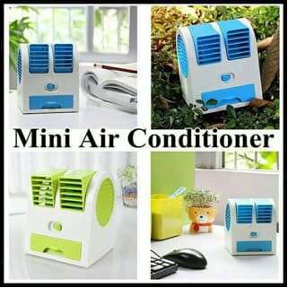 a mini air conditioning unit with a green and blue striped radiator.